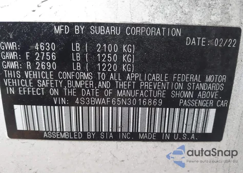 2022 Subaru Legacy Premium z USA, uszkodzony, nr VIN 4S3BWAF65N3016869